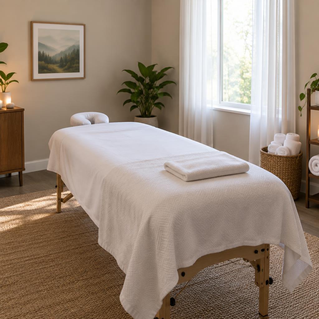 Massage therapist working on a patient's back in a bright, calm treatment room