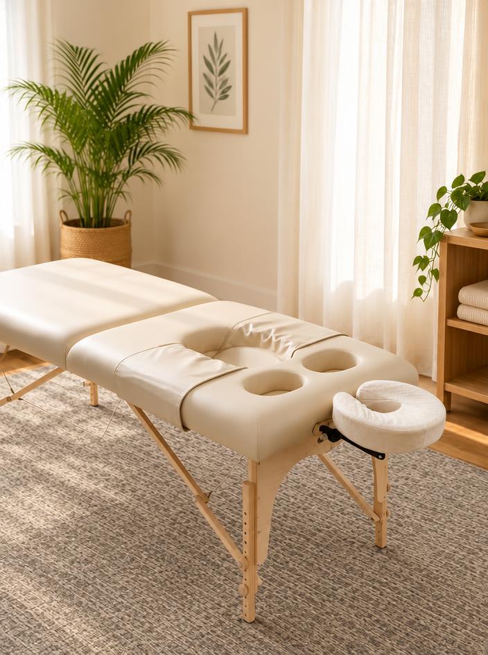 Pregnancy massage table with a removable belly section so expectant mothers can lie face down